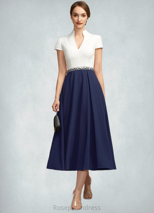 Amber A-Line V-neck Tea-Length Stretch Crepe Mother of the Bride Dress With Beading Sequins Pockets SRS126P0014854