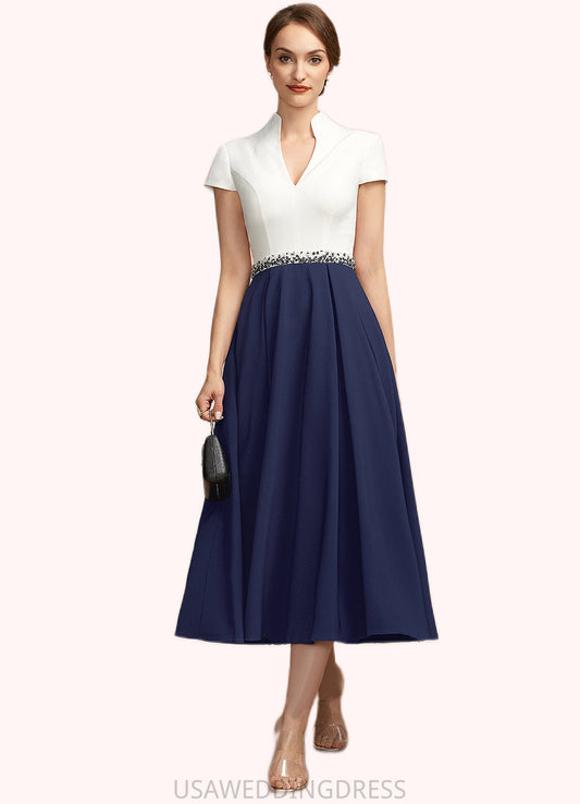 Mckinley A-Line V-neck Tea-Length Stretch Crepe Mother of the Bride Dress With Beading Sequins Pockets DS126P0014854