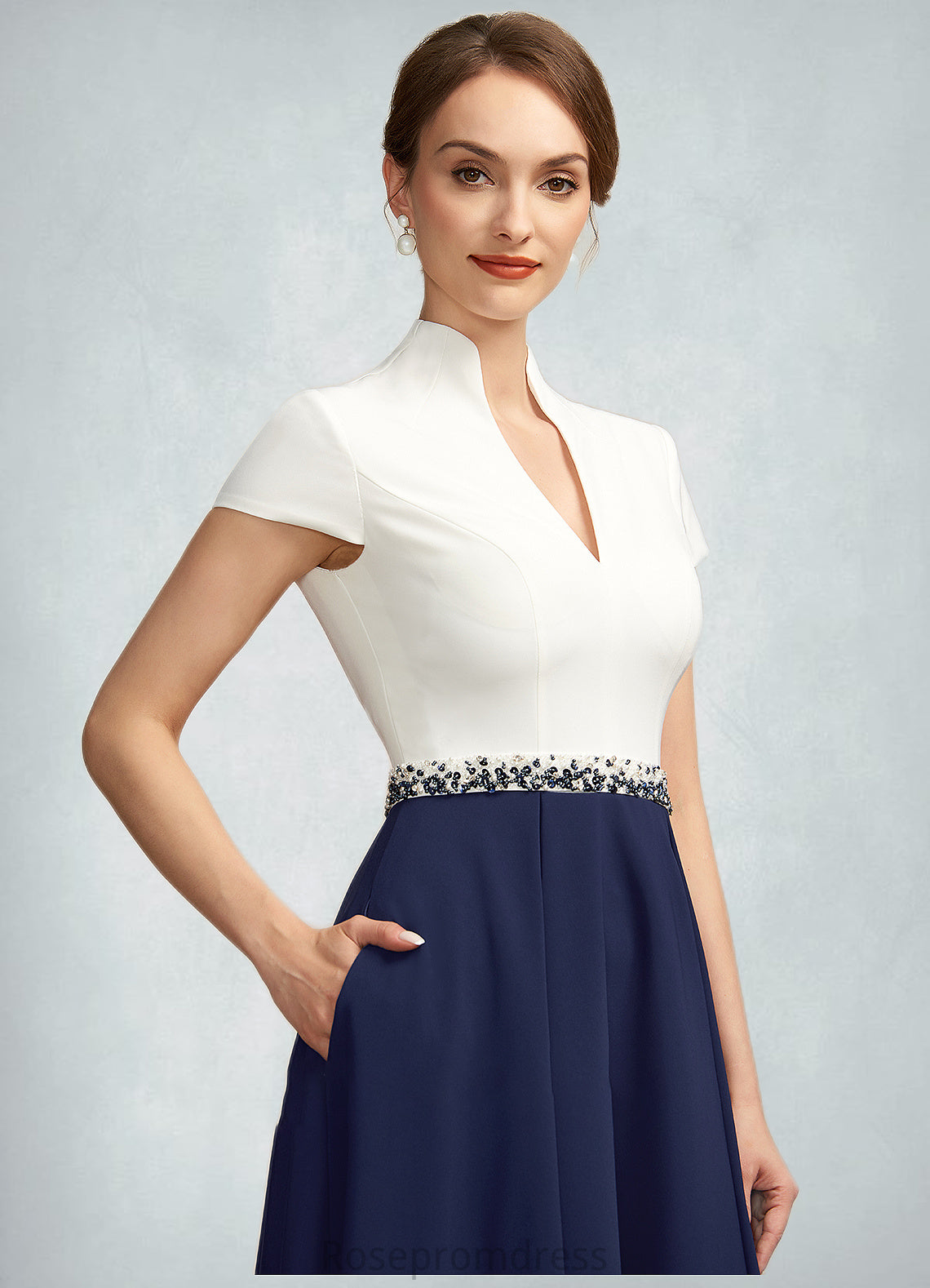 Amber A-Line V-neck Tea-Length Stretch Crepe Mother of the Bride Dress With Beading Sequins Pockets SRS126P0014854