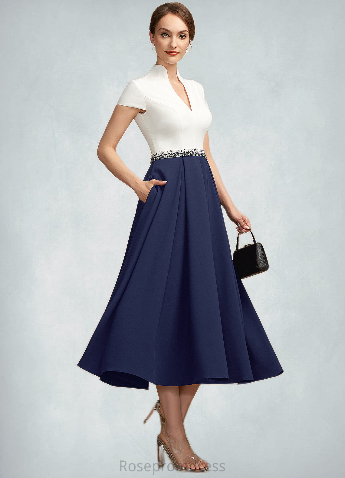 Amber A-Line V-neck Tea-Length Stretch Crepe Mother of the Bride Dress With Beading Sequins Pockets SRS126P0014854