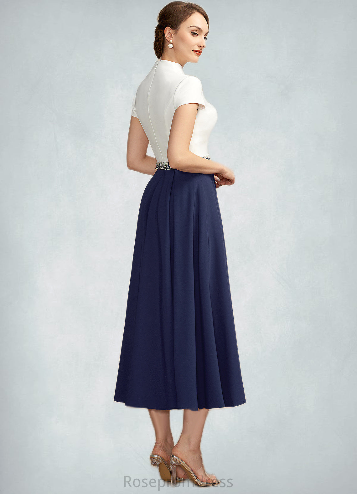 Amber A-Line V-neck Tea-Length Stretch Crepe Mother of the Bride Dress With Beading Sequins Pockets SRS126P0014854