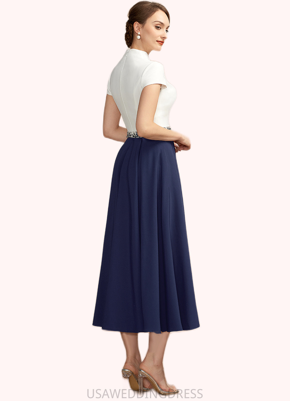 Mckinley A-Line V-neck Tea-Length Stretch Crepe Mother of the Bride Dress With Beading Sequins Pockets DS126P0014854