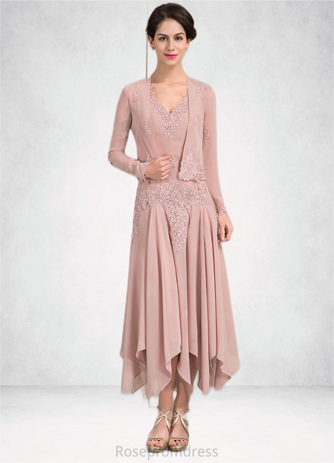 Rowan A-Line V-neck Ankle-Length Chiffon Mother of the Bride Dress With Appliques Lace Sequins SRS126P0014855