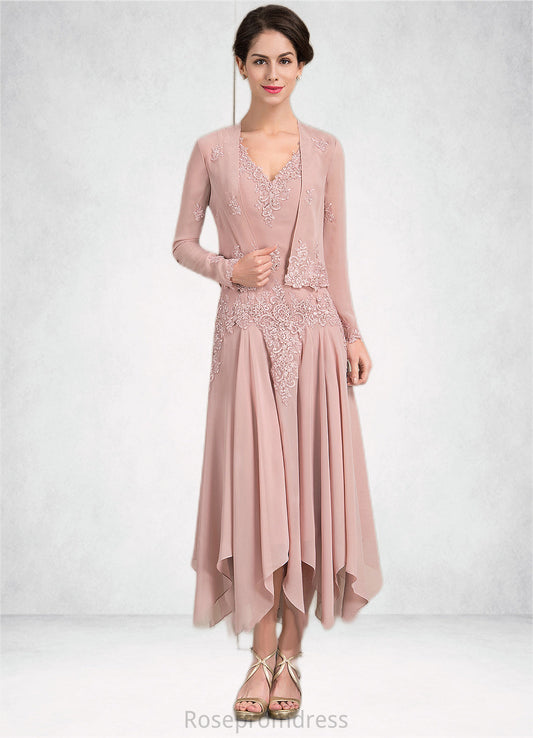 Rowan A-Line V-neck Ankle-Length Chiffon Mother of the Bride Dress With Appliques Lace Sequins SRS126P0014855