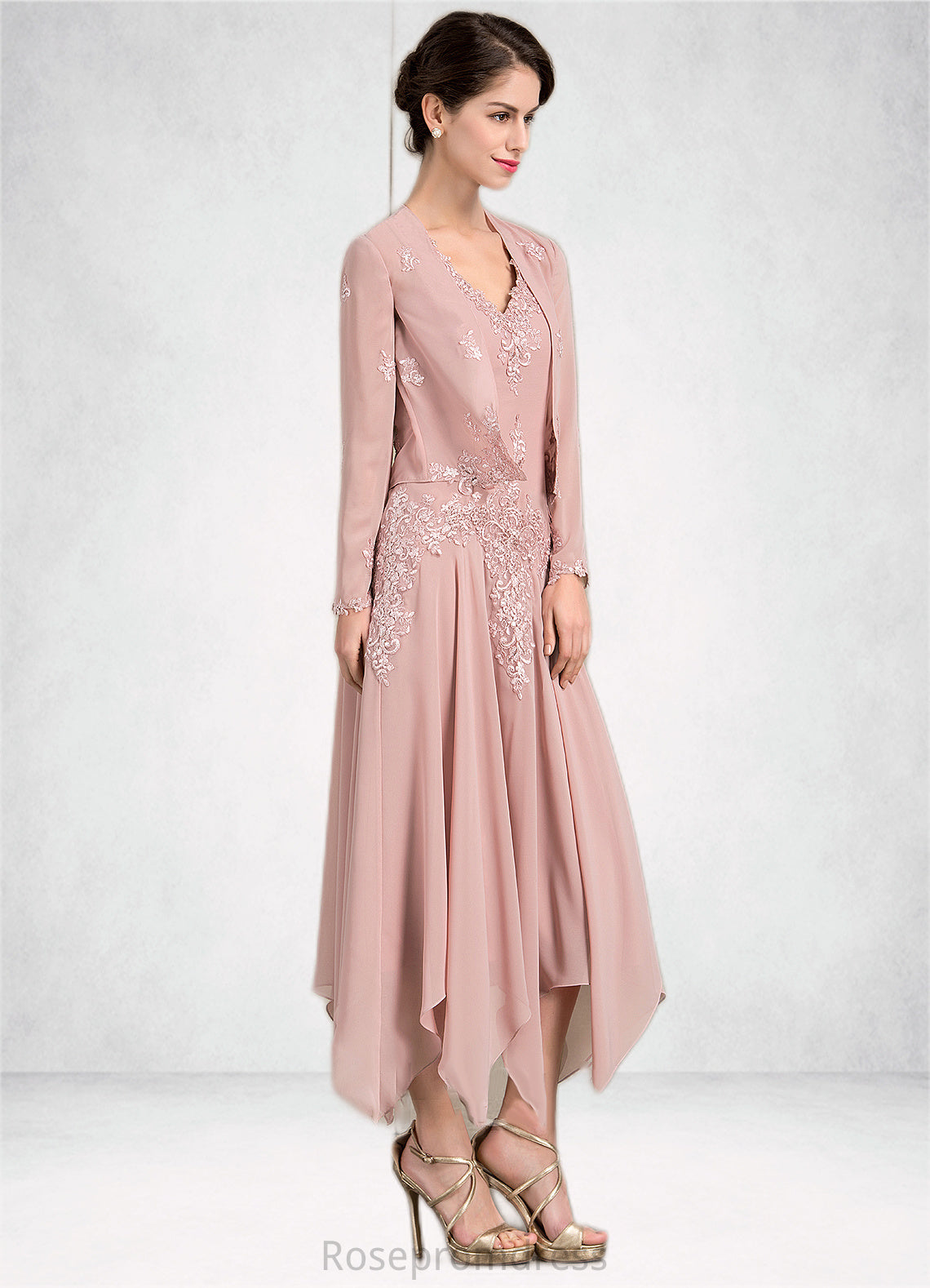 Rowan A-Line V-neck Ankle-Length Chiffon Mother of the Bride Dress With Appliques Lace Sequins SRS126P0014855