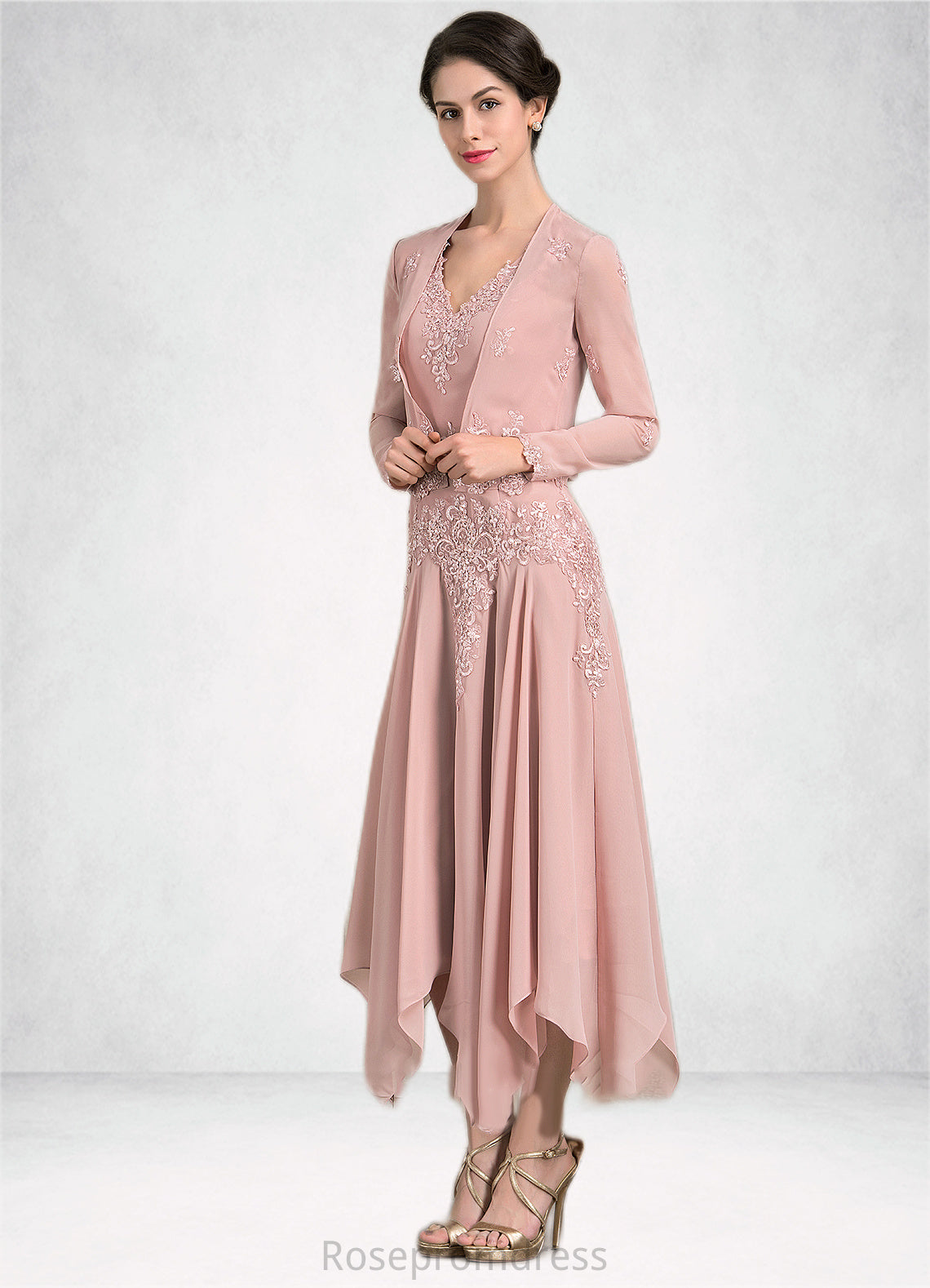 Rowan A-Line V-neck Ankle-Length Chiffon Mother of the Bride Dress With Appliques Lace Sequins SRS126P0014855