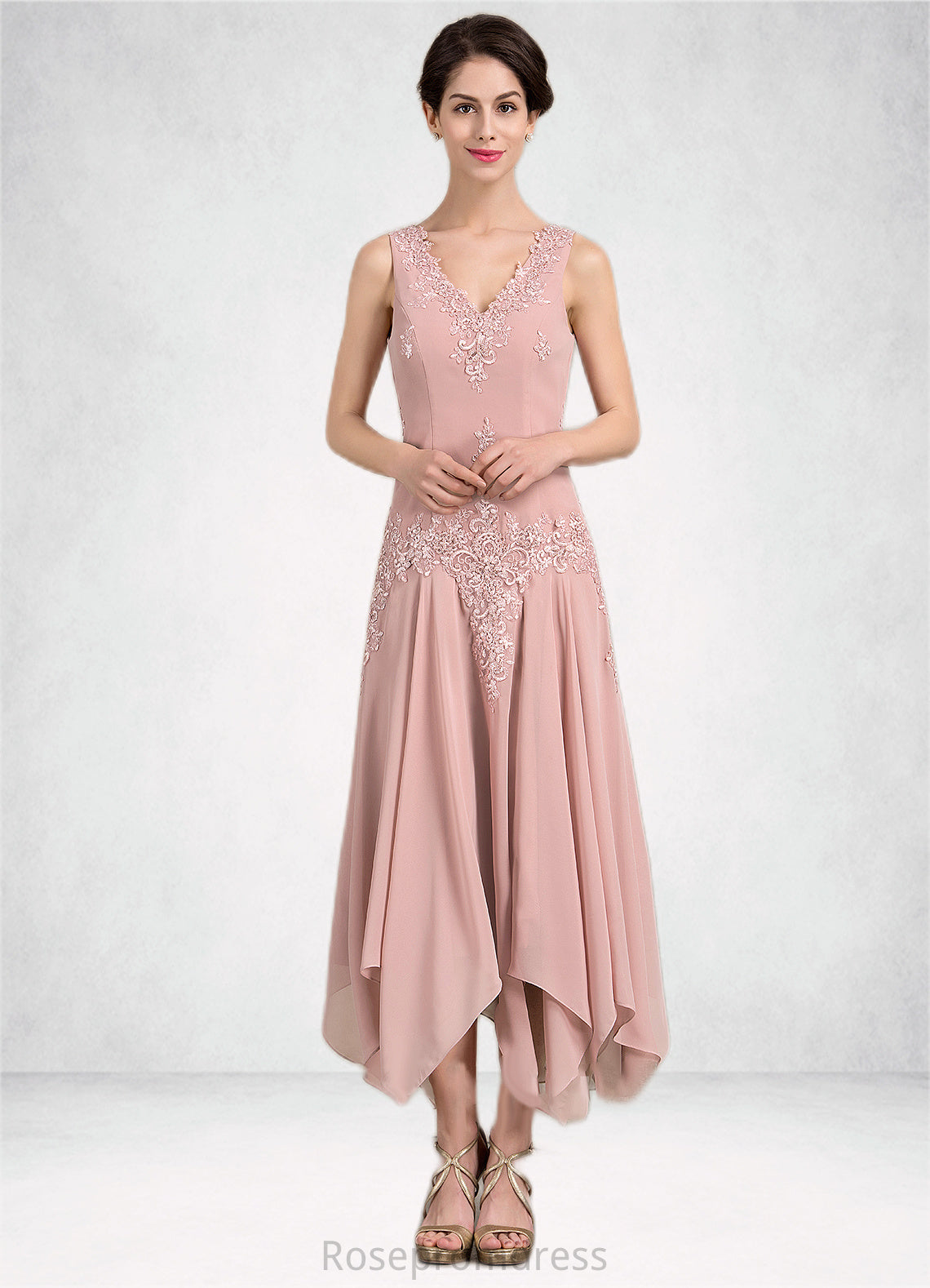 Rowan A-Line V-neck Ankle-Length Chiffon Mother of the Bride Dress With Appliques Lace Sequins SRS126P0014855