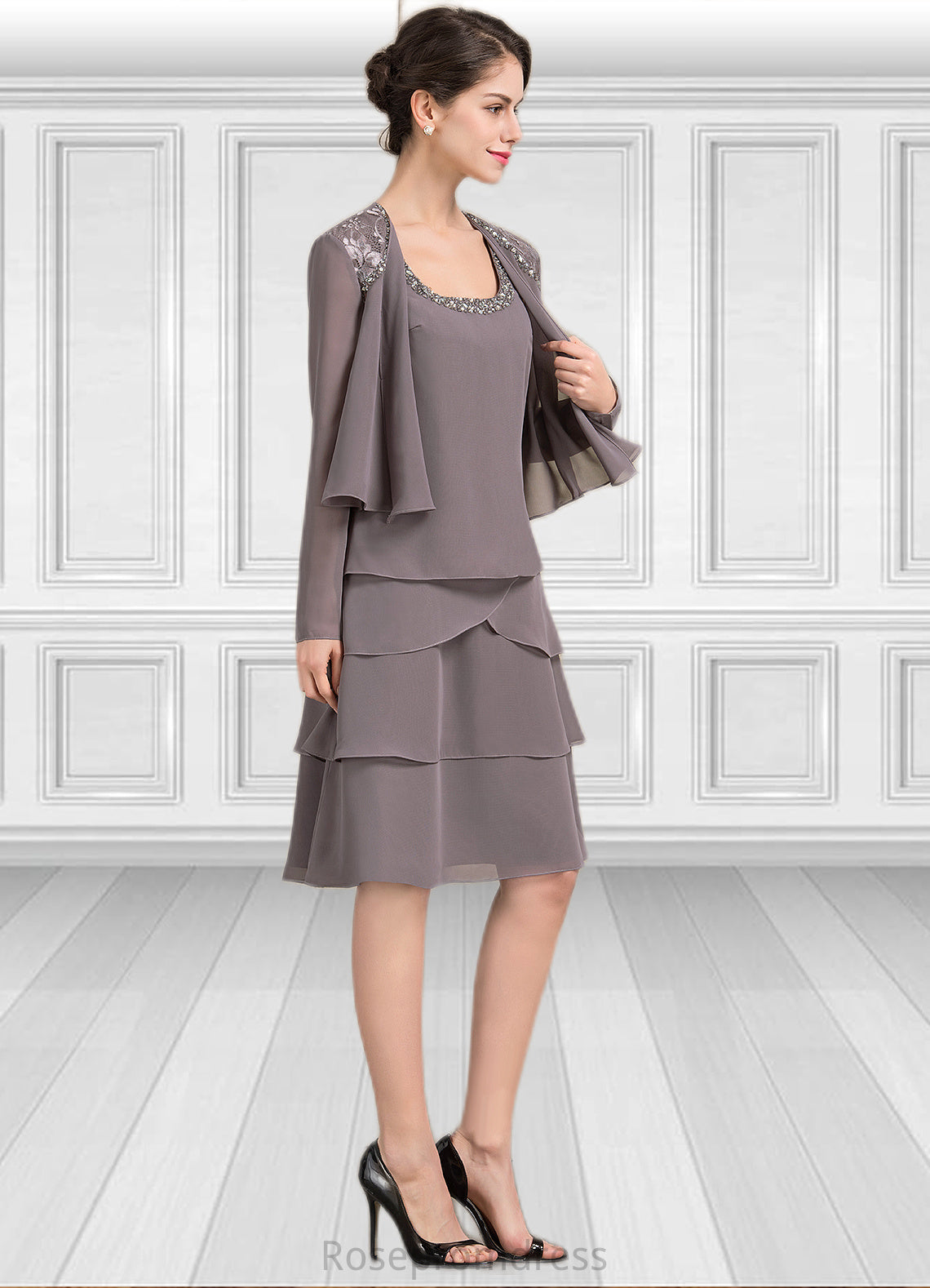Alisa A-Line Square Neckline Knee-Length Chiffon Mother of the Bride Dress With Beading Sequins SRS126P0014856