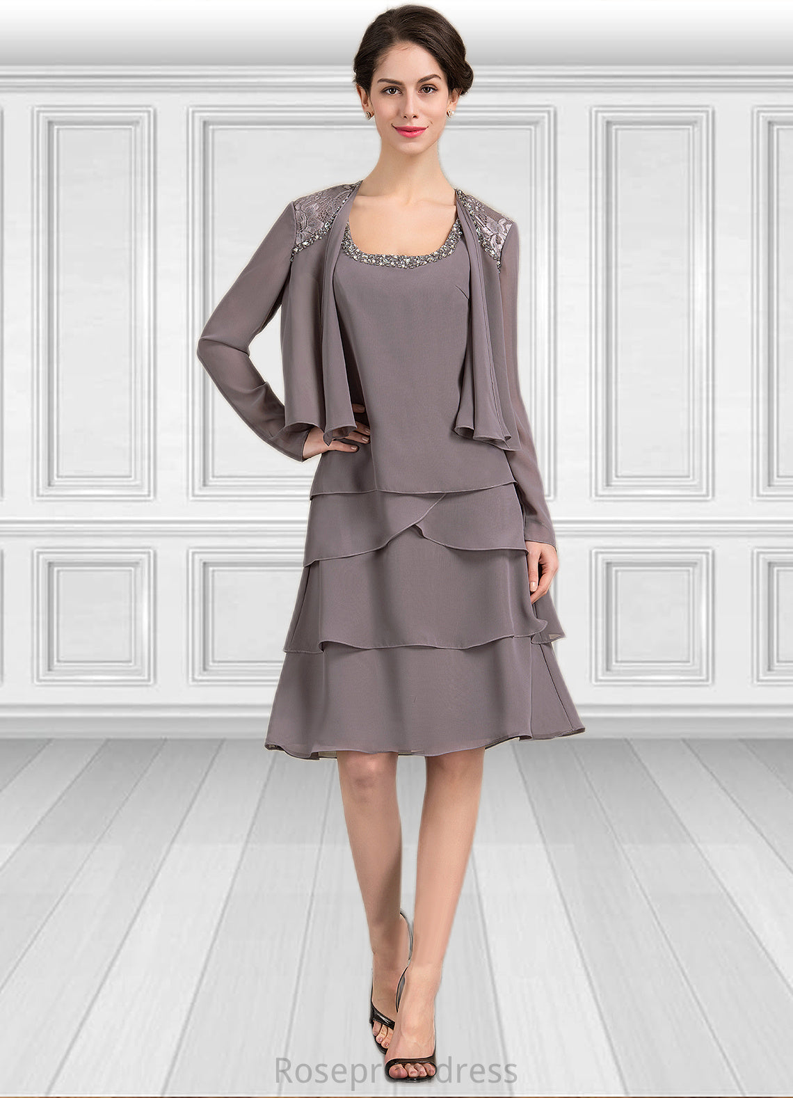 Alisa A-Line Square Neckline Knee-Length Chiffon Mother of the Bride Dress With Beading Sequins SRS126P0014856
