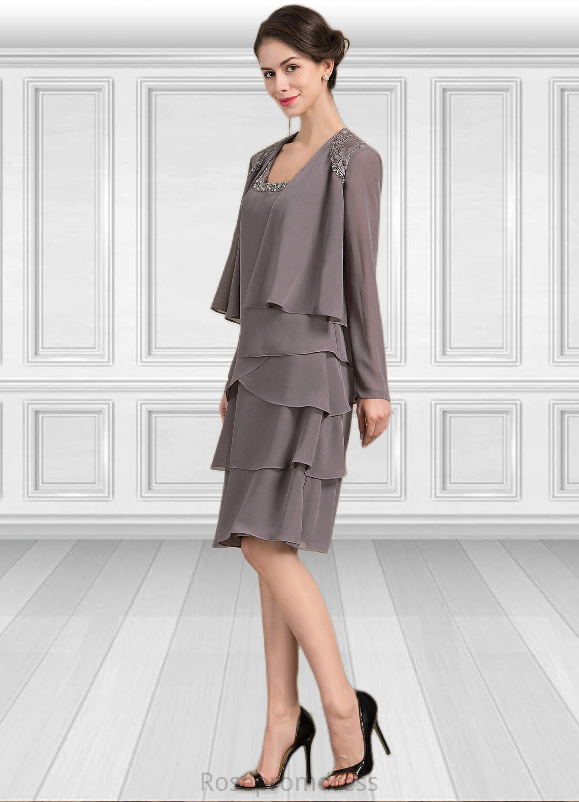 Alisa A-Line Square Neckline Knee-Length Chiffon Mother of the Bride Dress With Beading Sequins SRS126P0014856