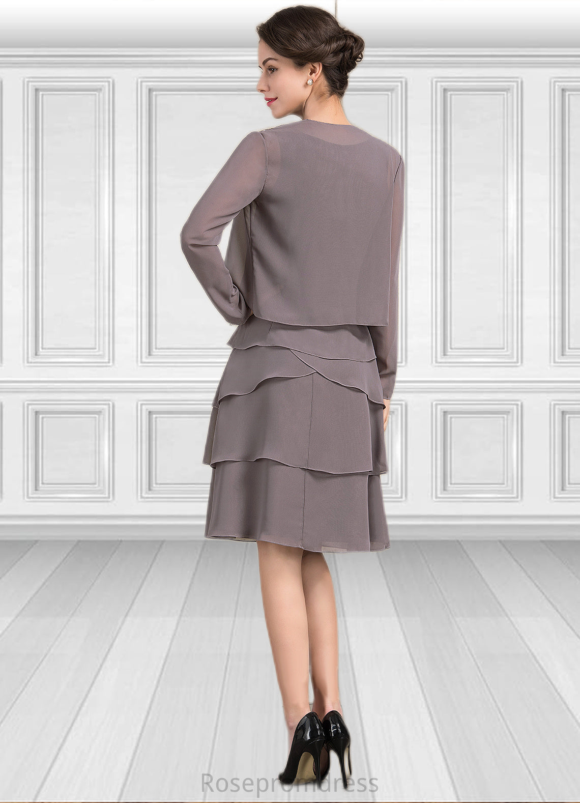 Alisa A-Line Square Neckline Knee-Length Chiffon Mother of the Bride Dress With Beading Sequins SRS126P0014856