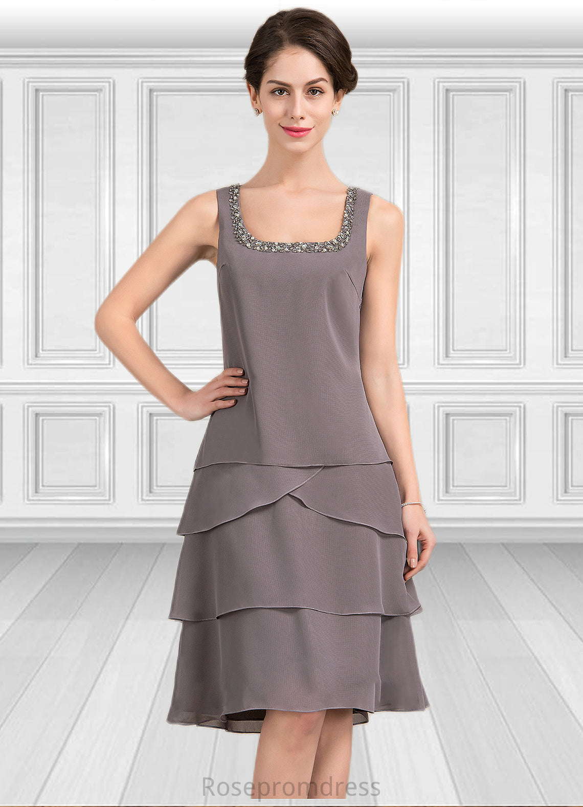 Alisa A-Line Square Neckline Knee-Length Chiffon Mother of the Bride Dress With Beading Sequins SRS126P0014856