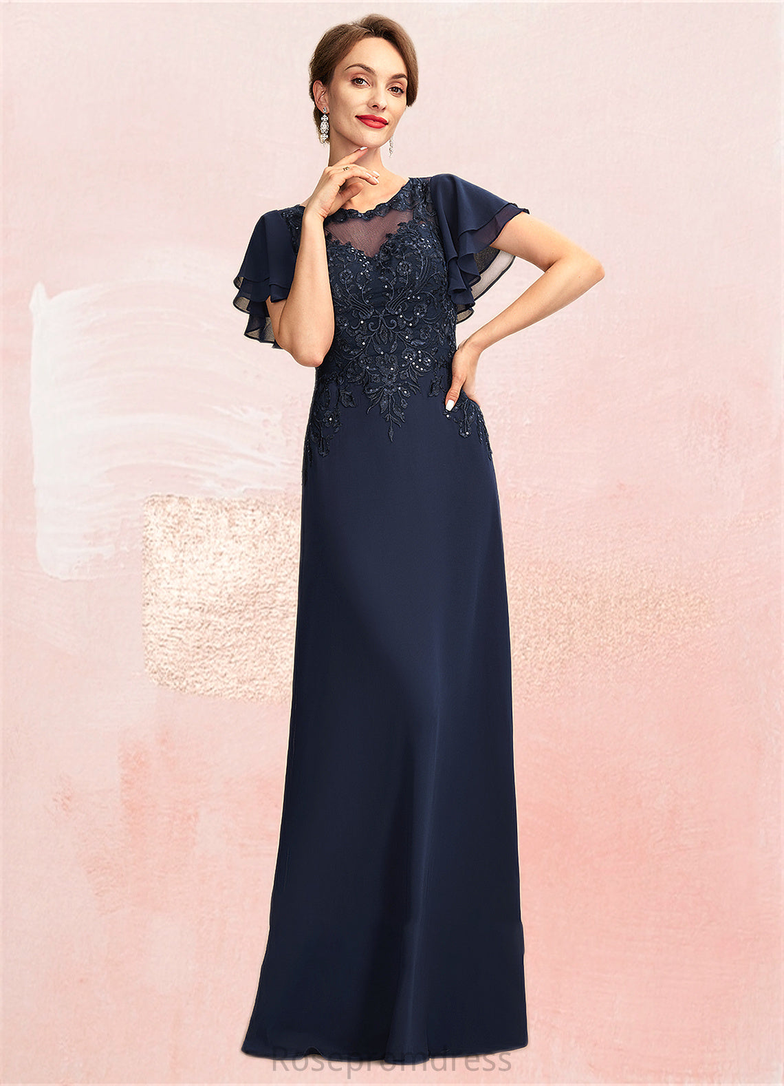 Jada A-Line Scoop Neck Floor-Length Chiffon Lace Mother of the Bride Dress With Sequins SRS126P0014857