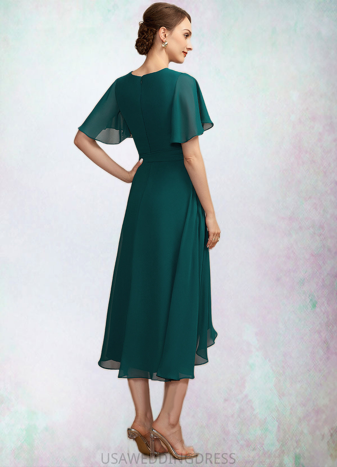 Elianna A-Line Scoop Neck Asymmetrical Chiffon Mother of the Bride Dress With Ruffle Bow(s) DS126P0014859