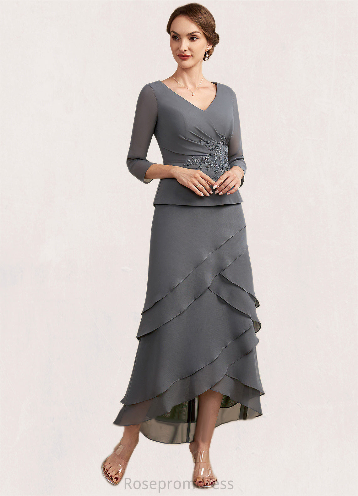 Penelope A-Line V-neck Asymmetrical Chiffon Lace Mother of the Bride Dress With Ruffle Beading Sequins SRS126P0014860