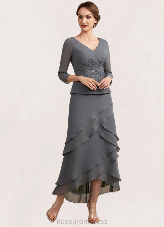 Penelope A-Line V-neck Asymmetrical Chiffon Lace Mother of the Bride Dress With Ruffle Beading Sequins SRS126P0014860