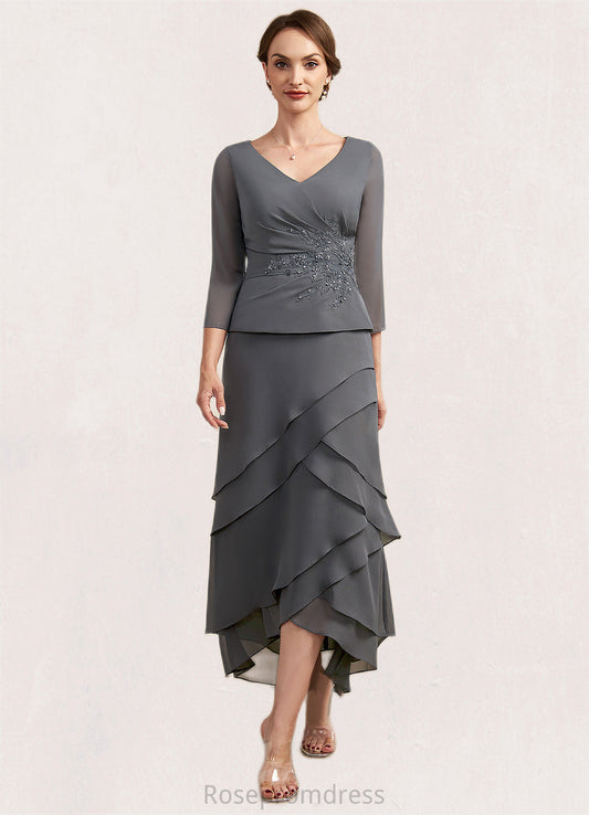 Penelope A-Line V-neck Asymmetrical Chiffon Lace Mother of the Bride Dress With Ruffle Beading Sequins SRS126P0014860