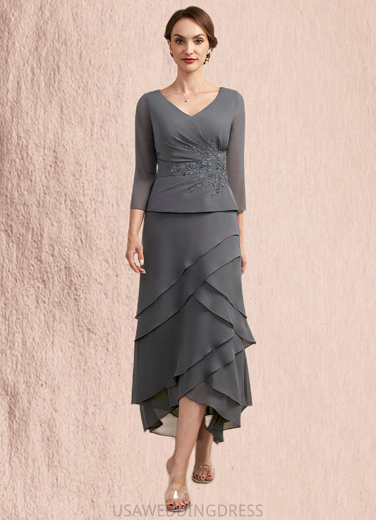 Hallie A-Line V-neck Asymmetrical Chiffon Lace Mother of the Bride Dress With Ruffle Beading Sequins DS126P0014860