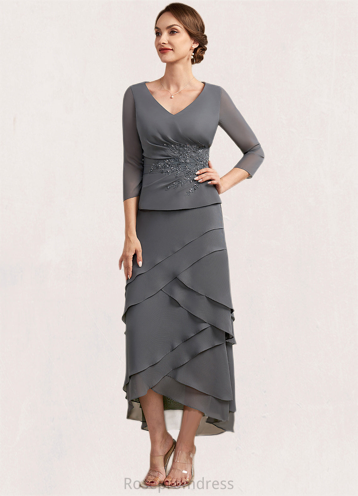 Penelope A-Line V-neck Asymmetrical Chiffon Lace Mother of the Bride Dress With Ruffle Beading Sequins SRS126P0014860