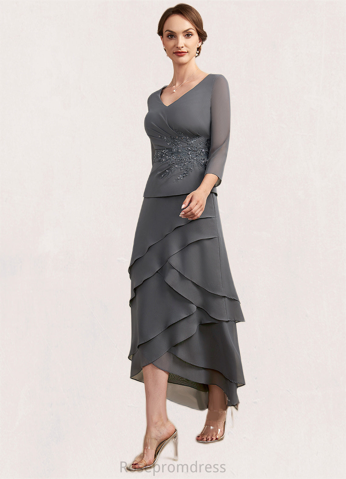 Penelope A-Line V-neck Asymmetrical Chiffon Lace Mother of the Bride Dress With Ruffle Beading Sequins SRS126P0014860