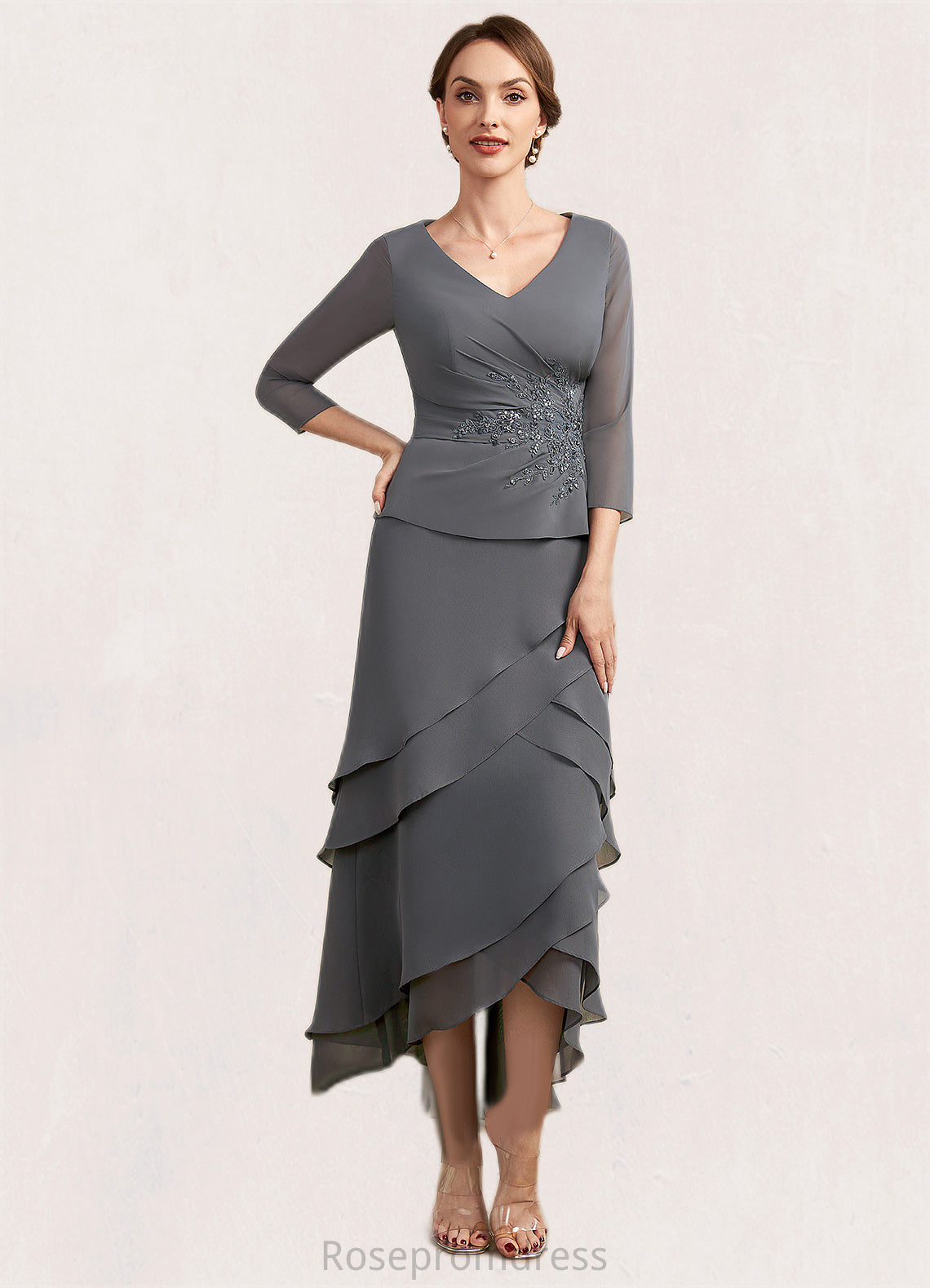 Penelope A-Line V-neck Asymmetrical Chiffon Lace Mother of the Bride Dress With Ruffle Beading Sequins SRS126P0014860
