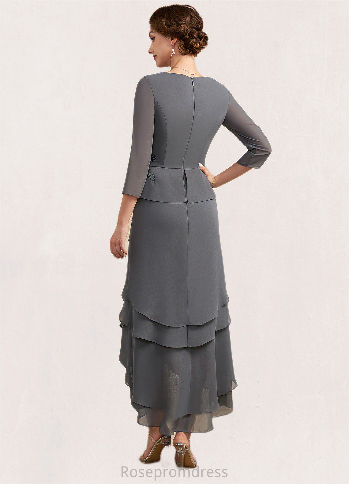Penelope A-Line V-neck Asymmetrical Chiffon Lace Mother of the Bride Dress With Ruffle Beading Sequins SRS126P0014860