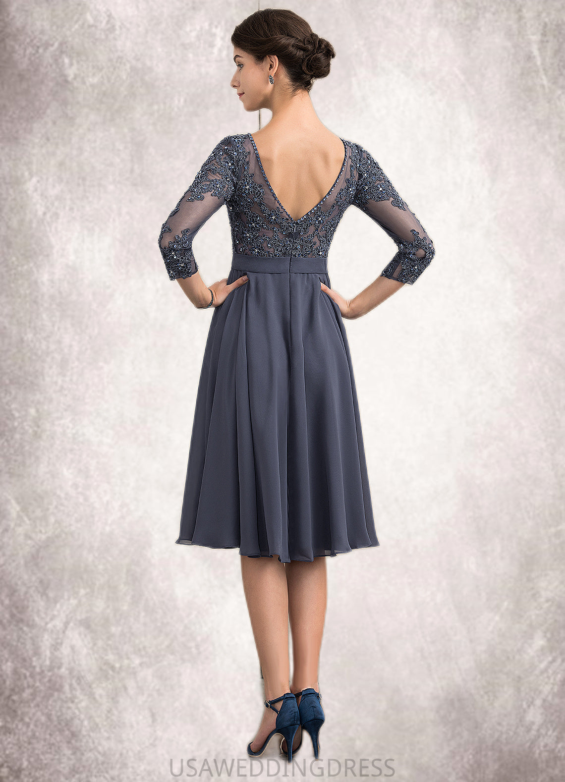 Daniela A-Line Scoop Neck Knee-Length Chiffon Lace Mother of the Bride Dress With Beading Sequins DS126P0014861