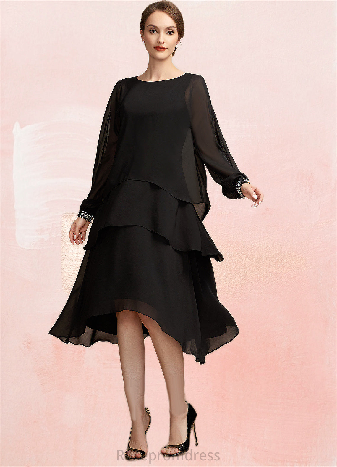 Scarlett A-Line Scoop Neck Asymmetrical Chiffon Mother of the Bride Dress With Beading SRS126P0014862