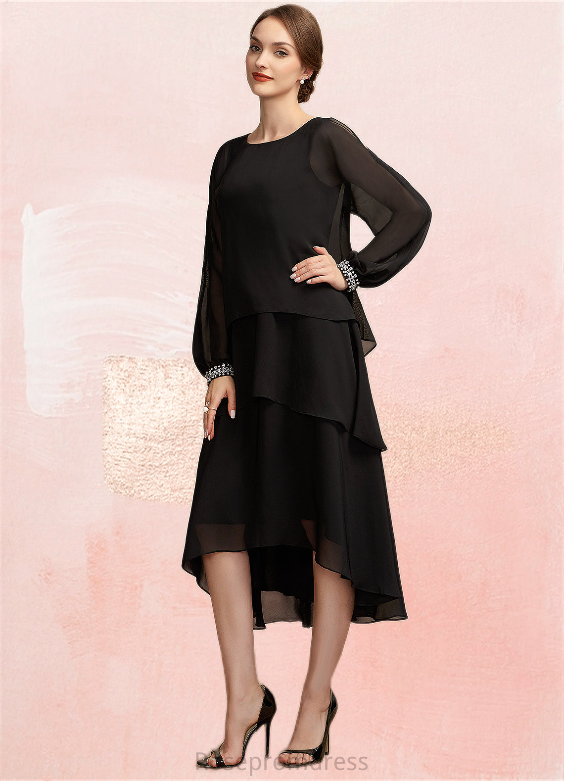 Scarlett A-Line Scoop Neck Asymmetrical Chiffon Mother of the Bride Dress With Beading SRS126P0014862