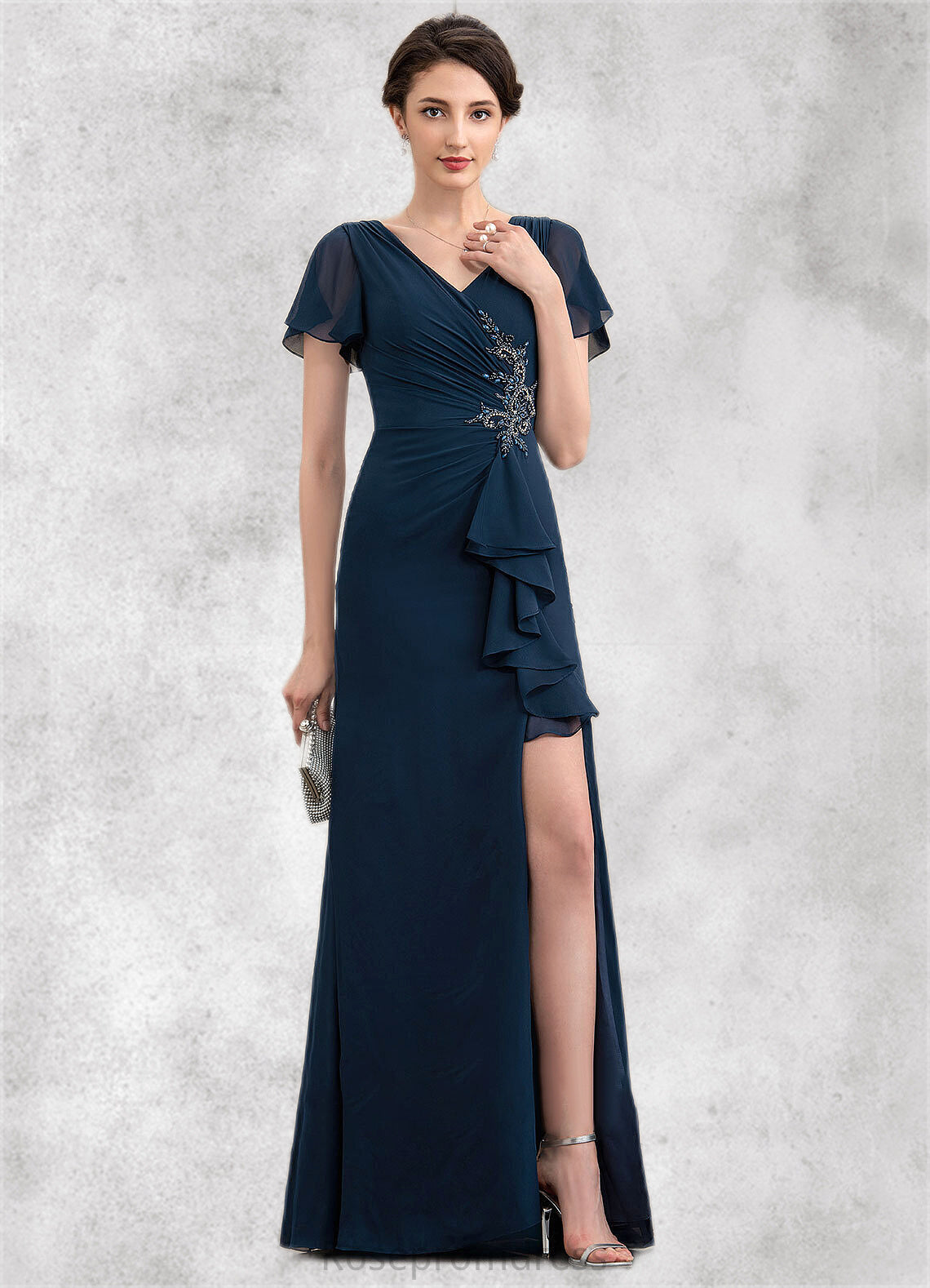 Mabel Sheath/Column V-neck Floor-Length Chiffon Mother of the Bride Dress With Beading Split Front Cascading Ruffles SRS126P0014868