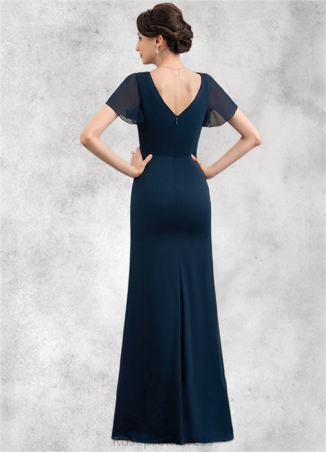 Mabel Sheath/Column V-neck Floor-Length Chiffon Mother of the Bride Dress With Beading Split Front Cascading Ruffles SRS126P0014868