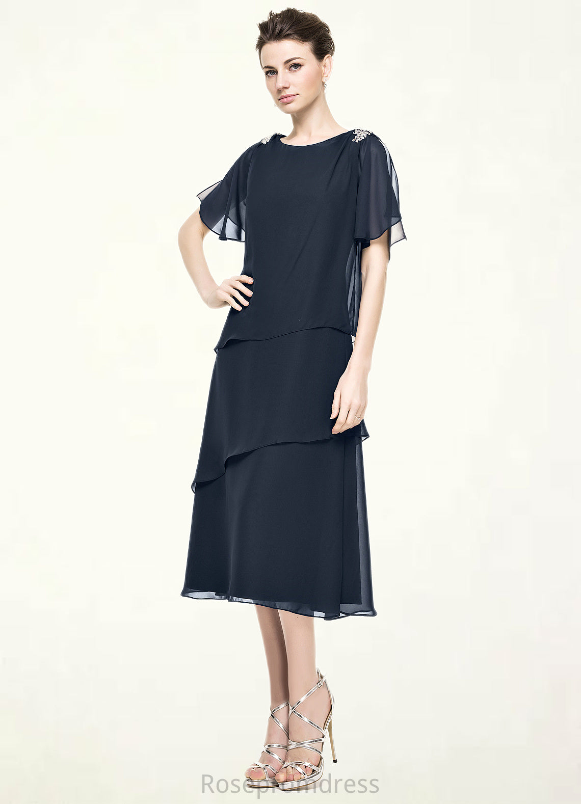 Aliyah A-Line Scoop Neck Tea-Length Chiffon Mother of the Bride Dress With Beading Sequins Cascading Ruffles SRS126P0014875