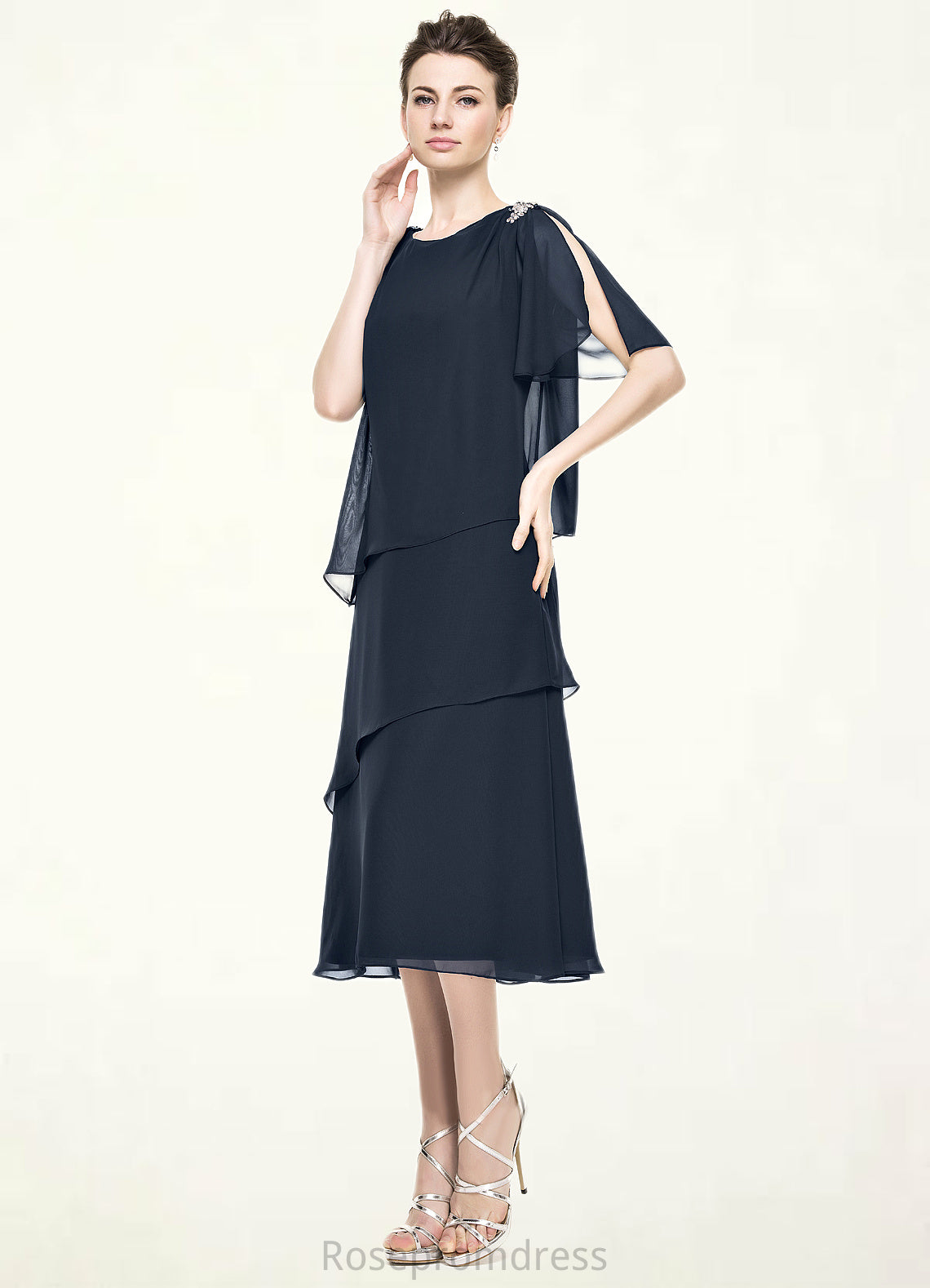 Aliyah A-Line Scoop Neck Tea-Length Chiffon Mother of the Bride Dress With Beading Sequins Cascading Ruffles SRS126P0014875