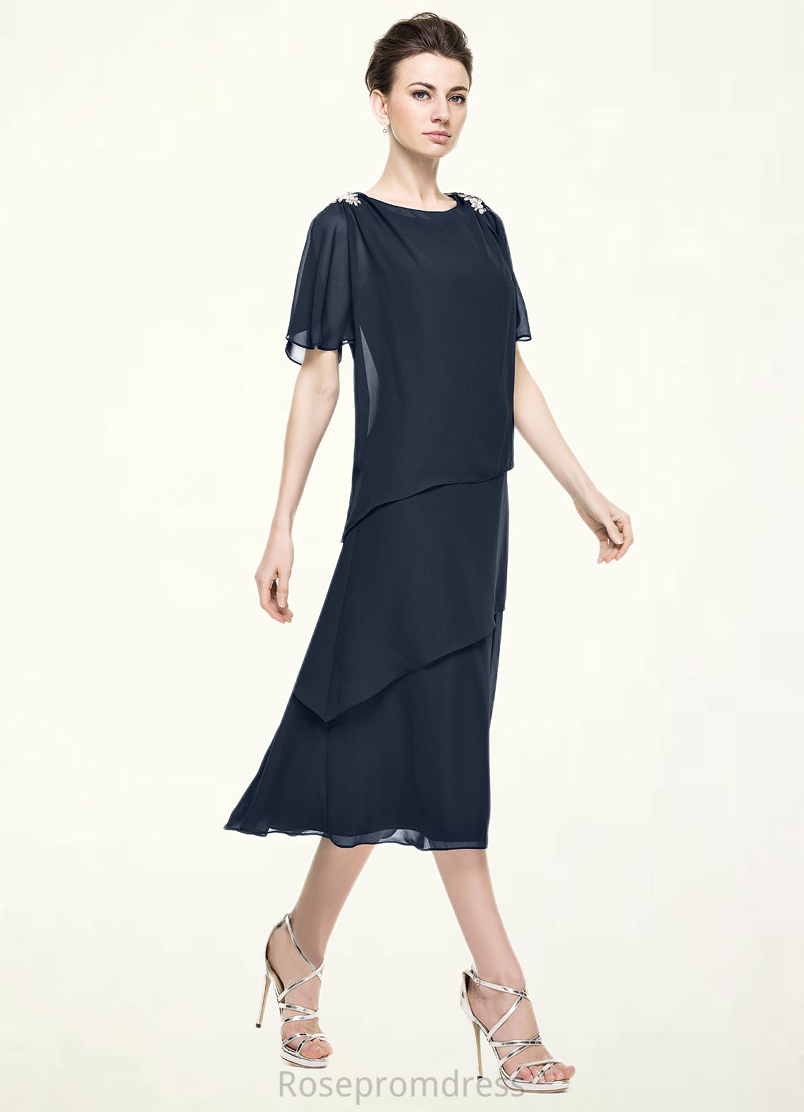 Aliyah A-Line Scoop Neck Tea-Length Chiffon Mother of the Bride Dress With Beading Sequins Cascading Ruffles SRS126P0014875