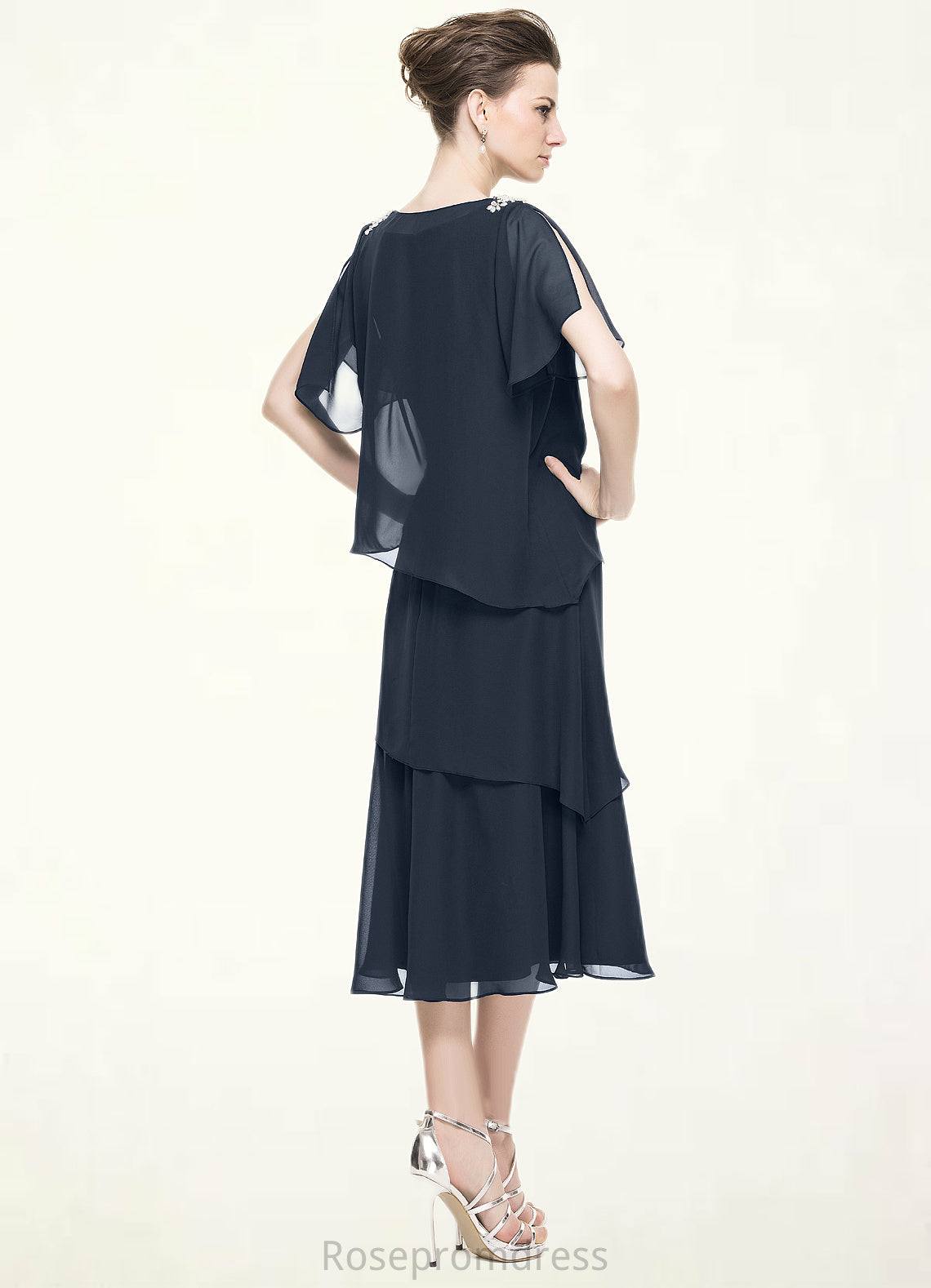 Aliyah A-Line Scoop Neck Tea-Length Chiffon Mother of the Bride Dress With Beading Sequins Cascading Ruffles SRS126P0014875