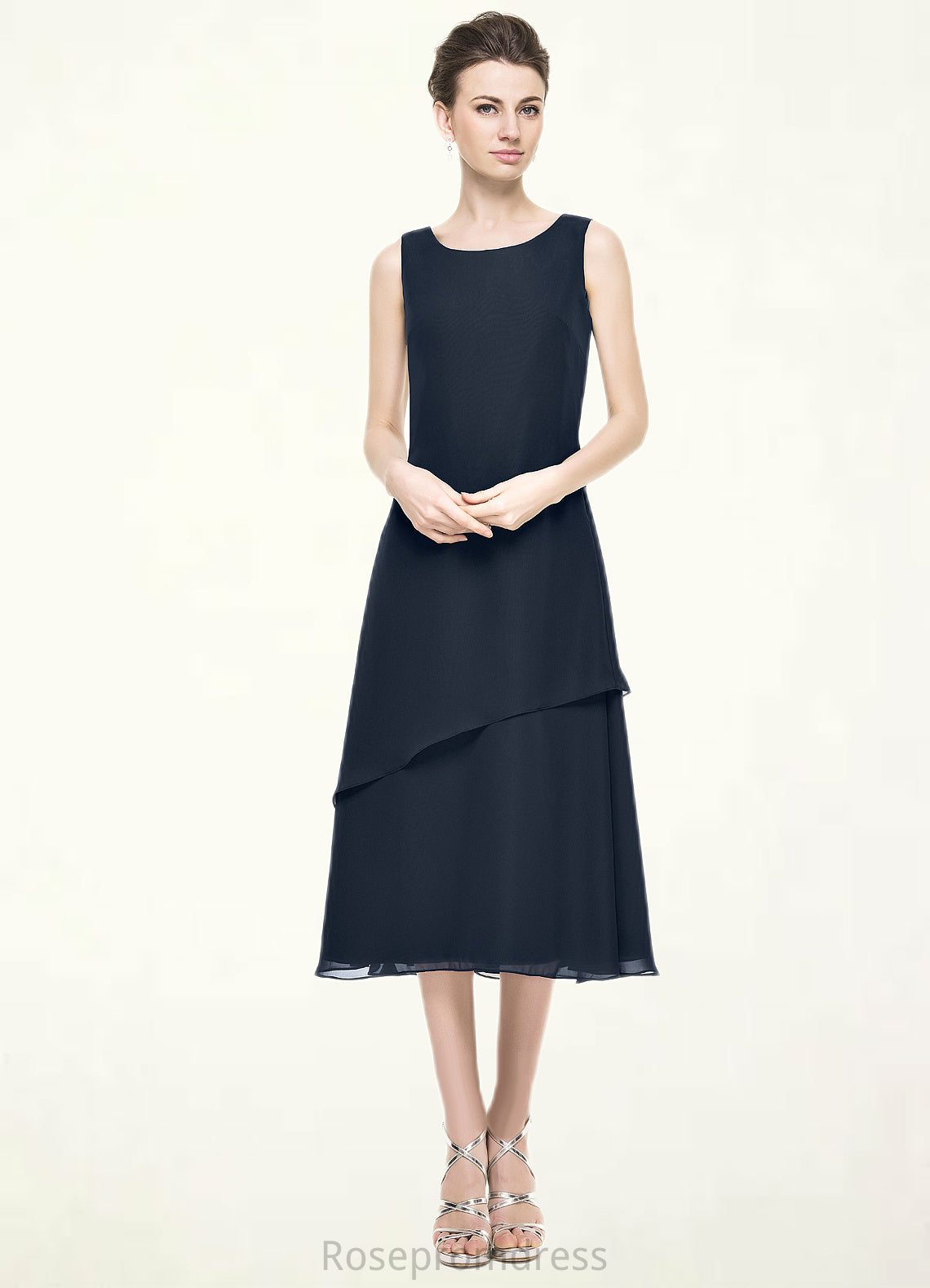 Aliyah A-Line Scoop Neck Tea-Length Chiffon Mother of the Bride Dress With Beading Sequins Cascading Ruffles SRS126P0014875