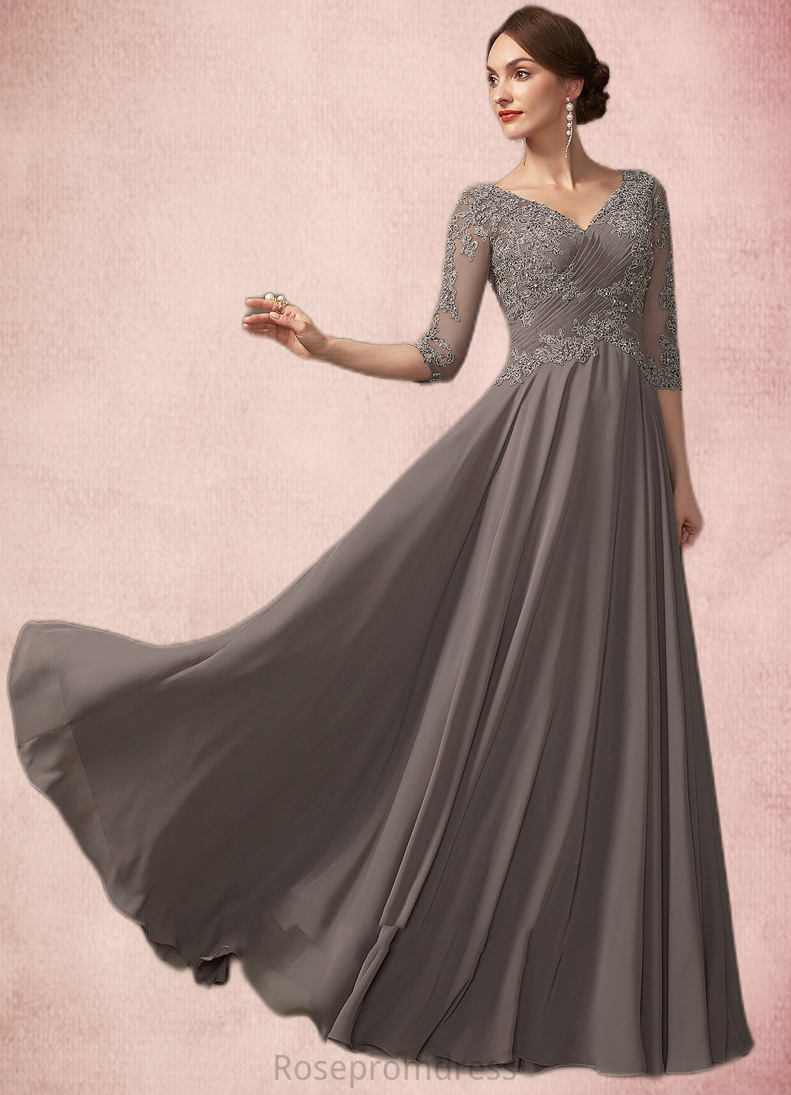 Aurora A-Line V-neck Floor-Length Chiffon Lace Mother of the Bride Dress With Beading Sequins SRS126P0014876