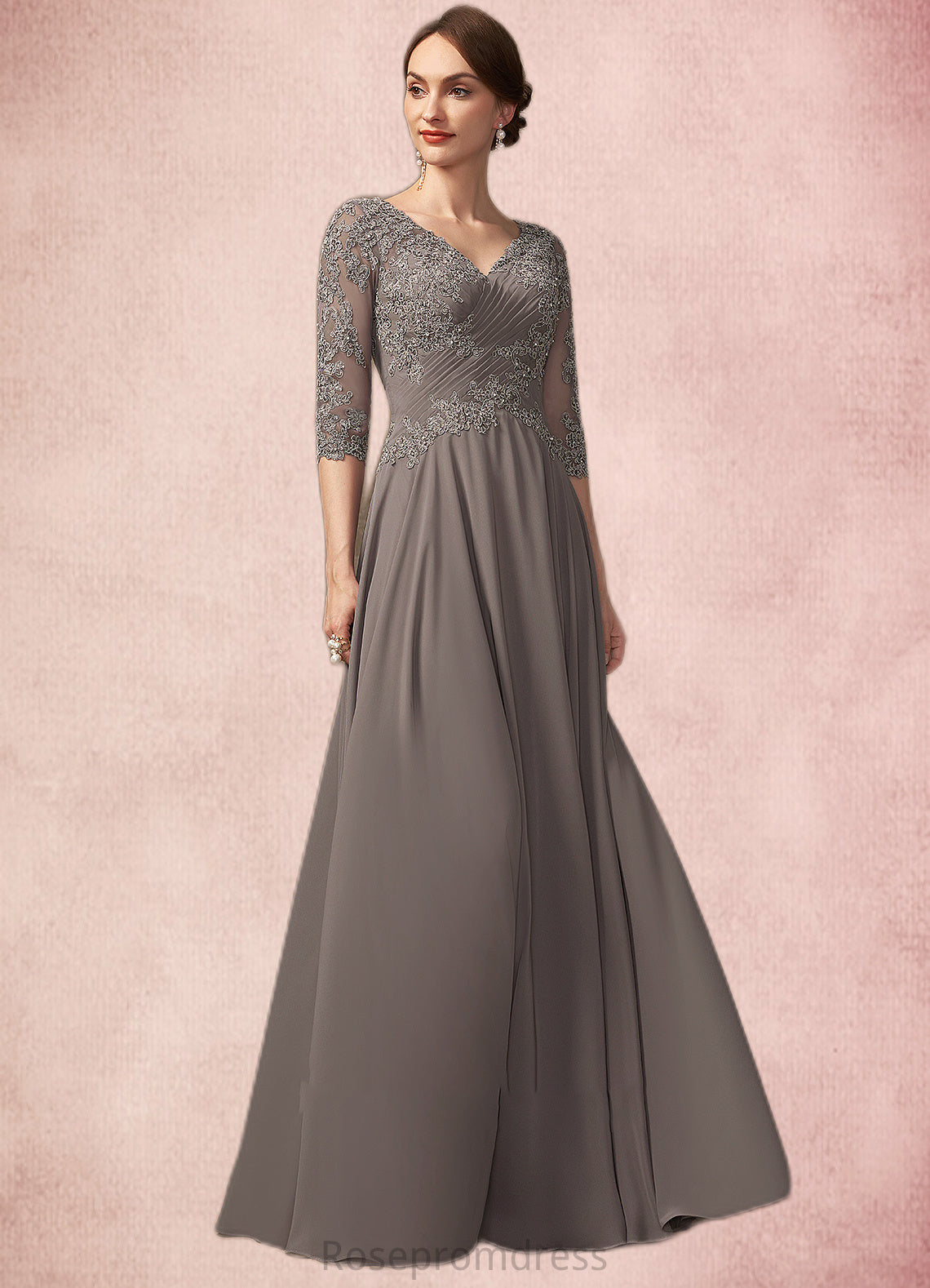 Aurora A-Line V-neck Floor-Length Chiffon Lace Mother of the Bride Dress With Beading Sequins SRS126P0014876