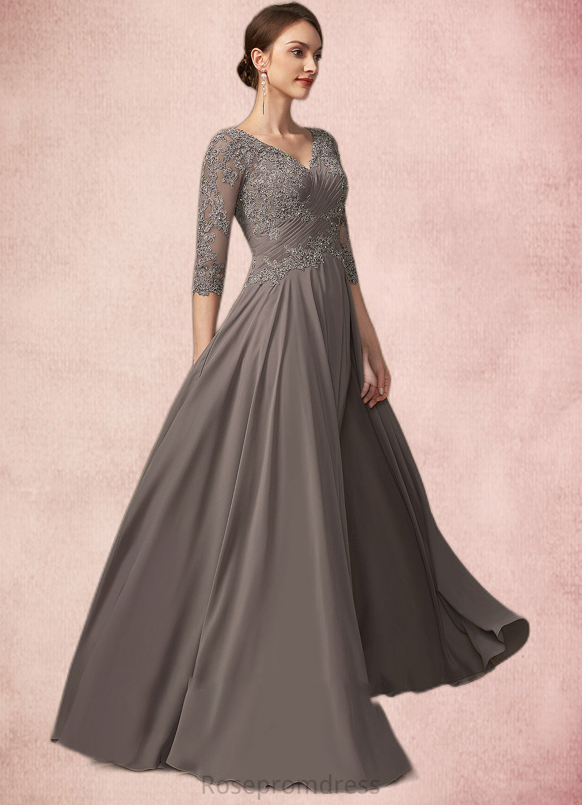 Aurora A-Line V-neck Floor-Length Chiffon Lace Mother of the Bride Dress With Beading Sequins SRS126P0014876