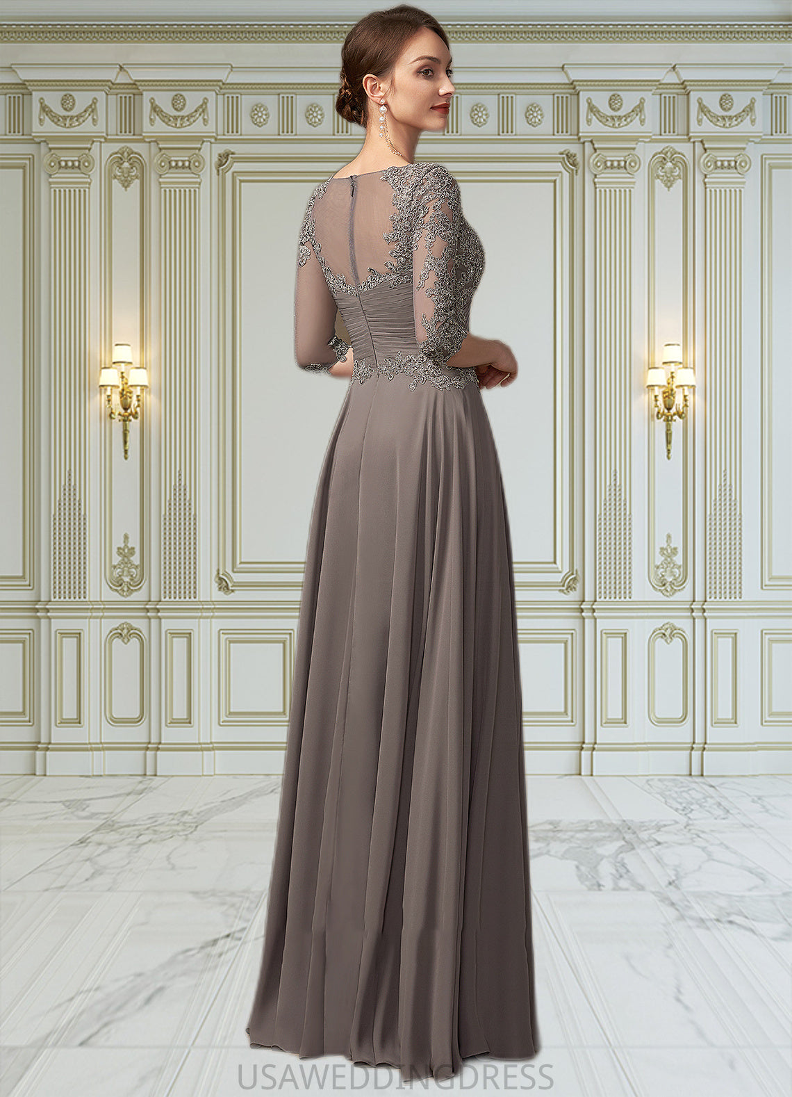 Leyla A-Line V-neck Floor-Length Chiffon Lace Mother of the Bride Dress With Beading Sequins DS126P0014876