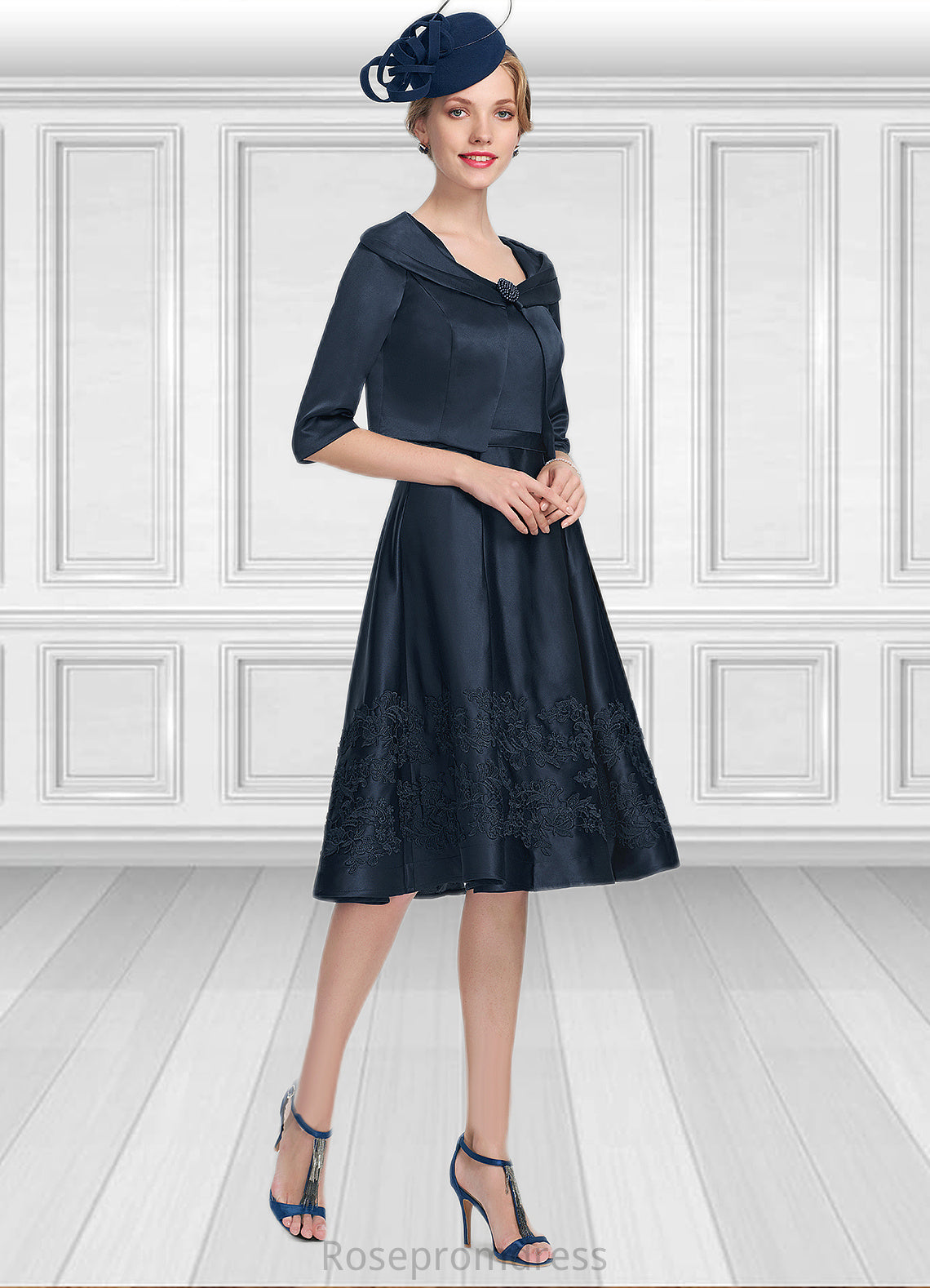 Naomi A-Line Square Neckline Knee-Length Satin Mother of the Bride Dress With Appliques Lace SRS126P0014877