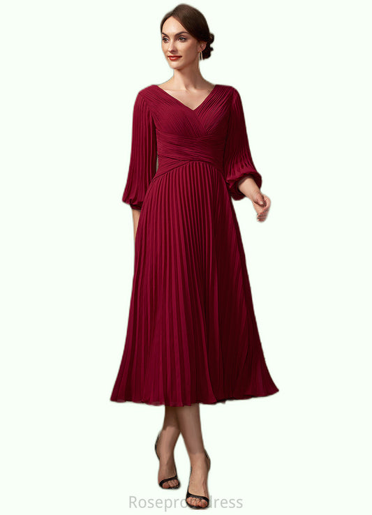 Nicky A-Line V-neck Tea-Length Chiffon Mother of the Bride Dress With Pleated SRS126P0014878