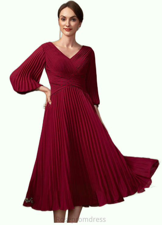 Nicky A-Line V-neck Tea-Length Chiffon Mother of the Bride Dress With Pleated SRS126P0014878
