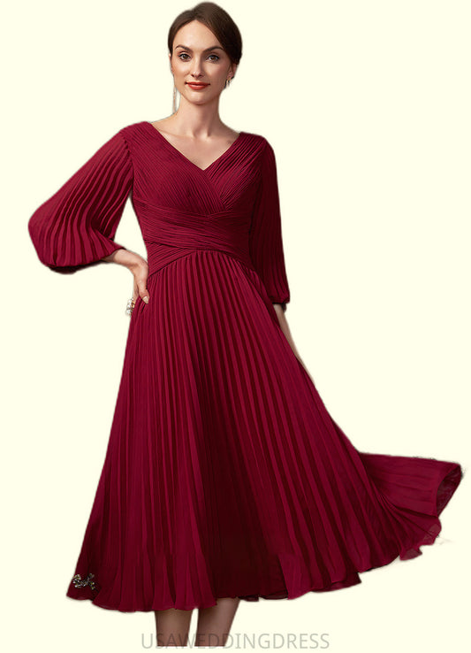 Hazel A-Line V-neck Tea-Length Chiffon Mother of the Bride Dress With Pleated DS126P0014878