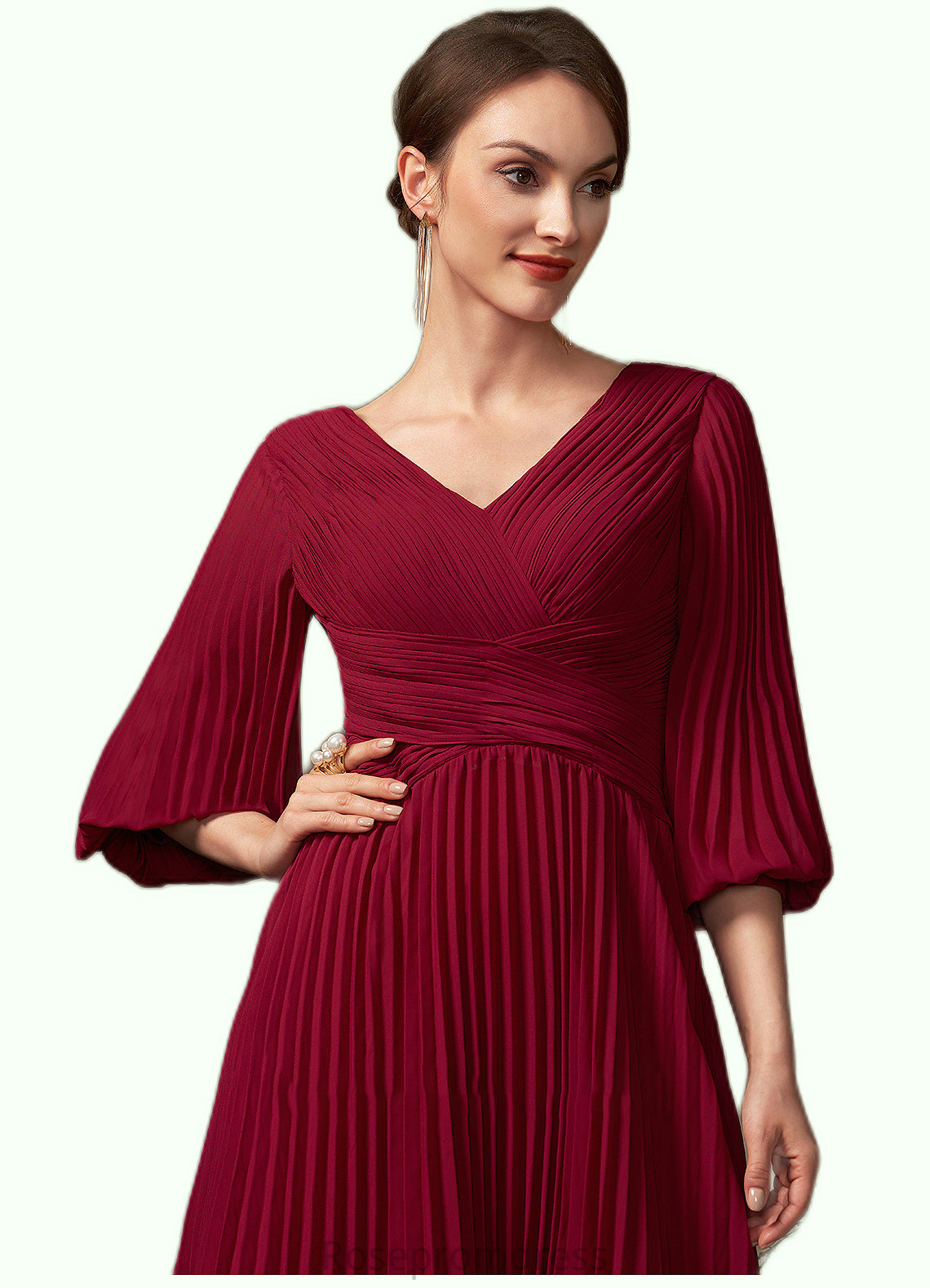 Nicky A-Line V-neck Tea-Length Chiffon Mother of the Bride Dress With Pleated SRS126P0014878