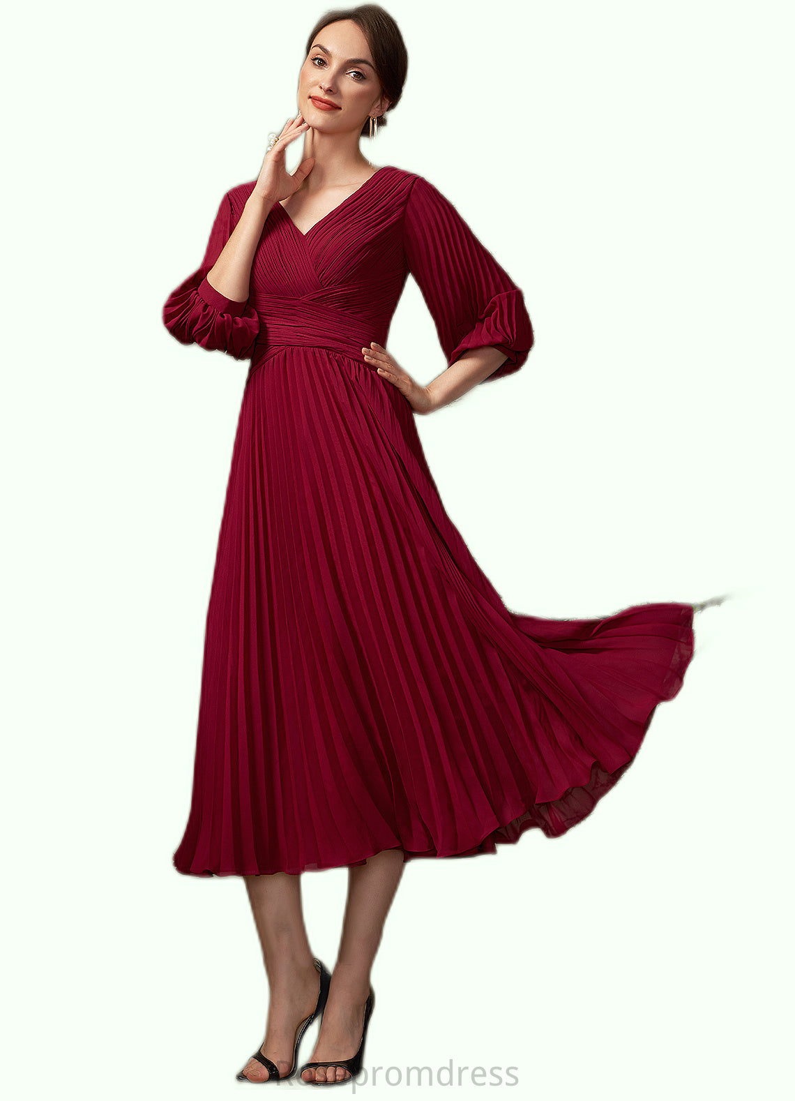 Nicky A-Line V-neck Tea-Length Chiffon Mother of the Bride Dress With Pleated SRS126P0014878