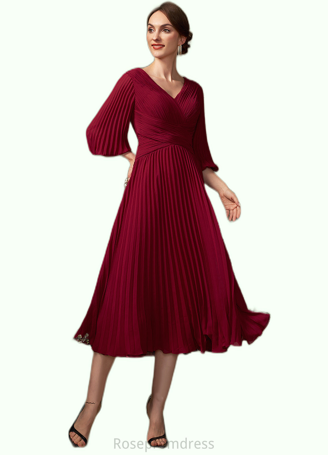 Nicky A-Line V-neck Tea-Length Chiffon Mother of the Bride Dress With Pleated SRS126P0014878