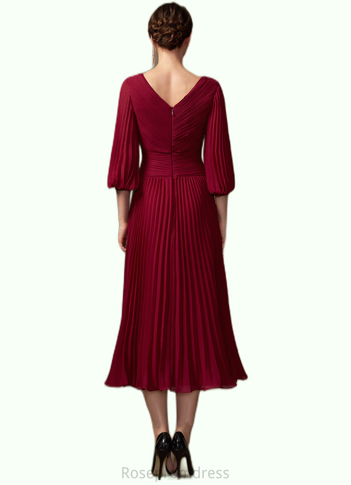 Nicky A-Line V-neck Tea-Length Chiffon Mother of the Bride Dress With Pleated SRS126P0014878