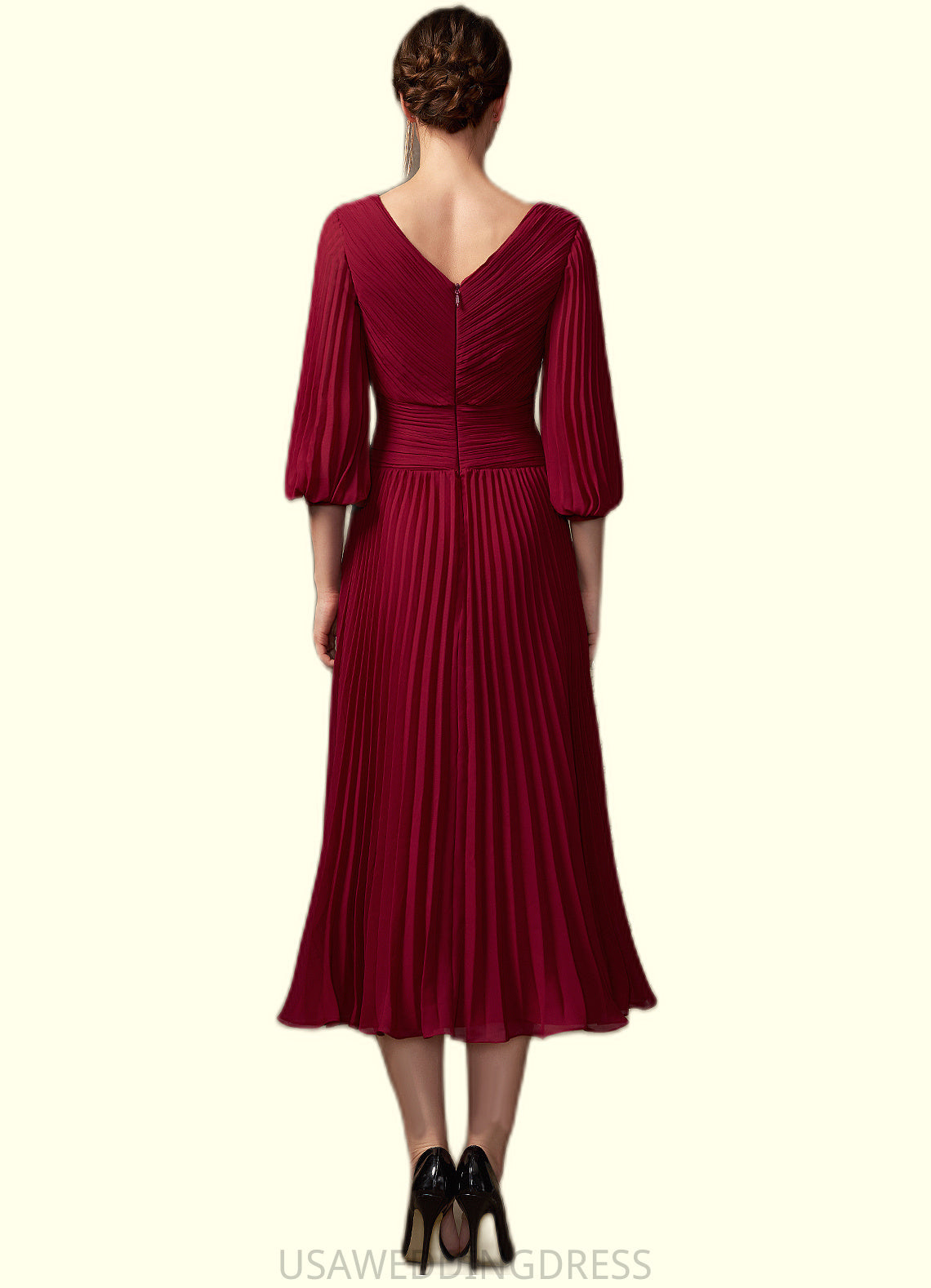 Hazel A-Line V-neck Tea-Length Chiffon Mother of the Bride Dress With Pleated DS126P0014878