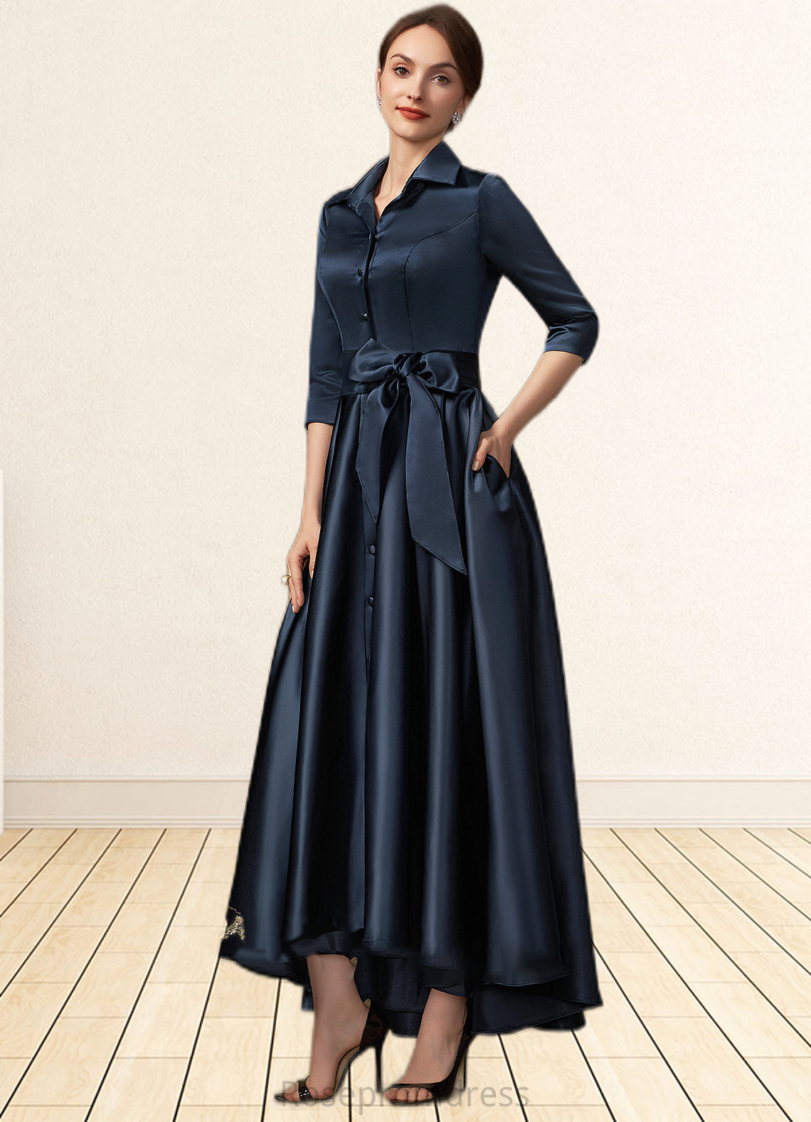 Sarah A-Line V-neck Asymmetrical Satin Mother of the Bride Dress With Bow(s) Pockets SRS126P0014879